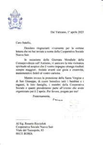 Giornata della consapevolezza sull'autismo - Risposta di Papa Francesco